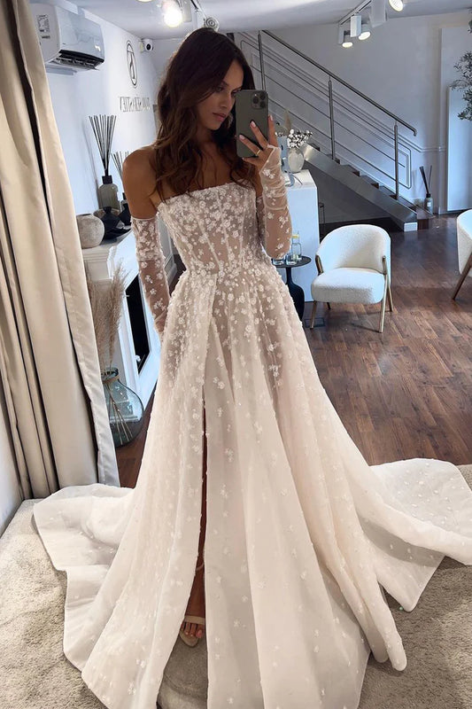 Fairy A Line Off-the-Shoulder Strapless Organza Long Wedding Dresses with Beaded
