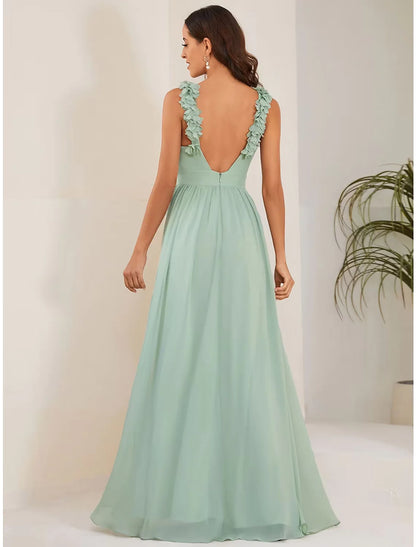 A-Line Dresses Elegant Dress Formal Floor Length Sleeveless Jewel Neck Chiffon with Pleats Shouder Flower