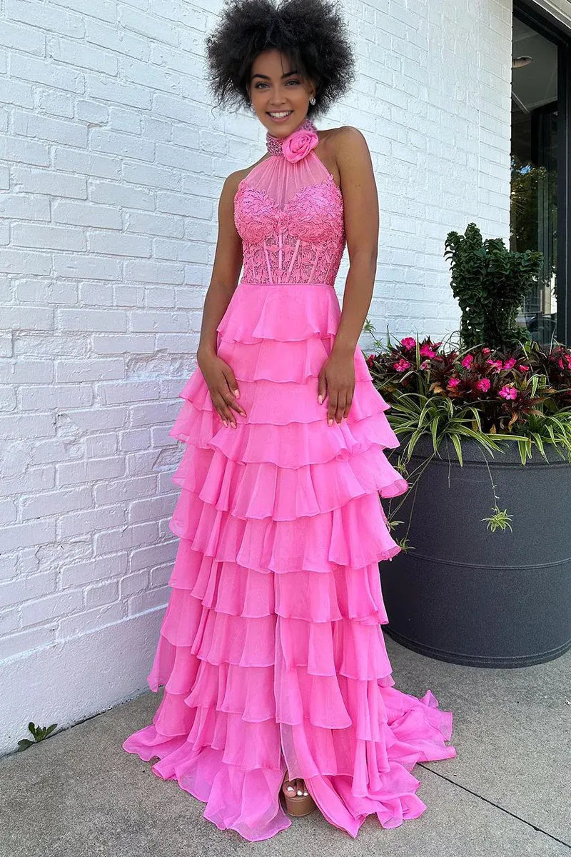 Cute Sheath Halter Neck Pink Chiffon Cupcake Backless Prom Dresses