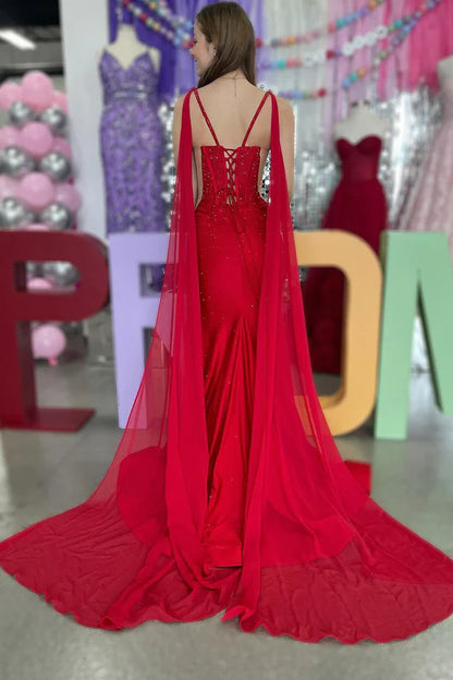 Charming Mermaid V Neck Spaghetti Strap Red Satin Beading Prom Dress with Slit