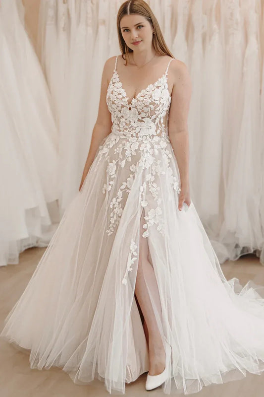 Elegant A Line V Neck Spaghetti Strap Split Fork Tulle Wedding Dresses with Appliques