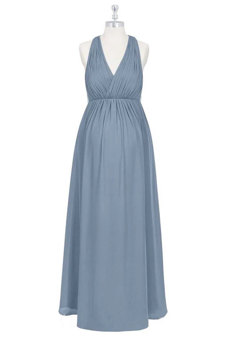 Dusty Blue V-Neck Halter Backless Pleats Maternity Bridesmaid Dress