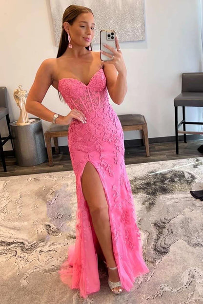 Floral Lace Strapless Mermaid Prom Dress with Slit
