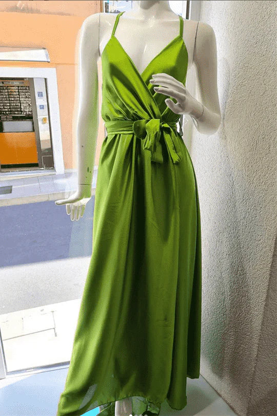 Lime Green Satin Wrap Long Retract your waist Bridesmaid Dress