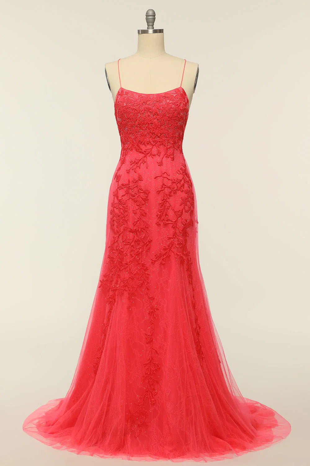 Mermaid Spaghetti Straps Light Pink Tulle Slim-fit Long Prom Dress with Appliques