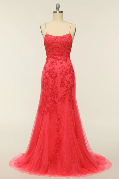 Mermaid Spaghetti Straps Light Pink Tulle Slim-fit Long Prom Dress with Appliques