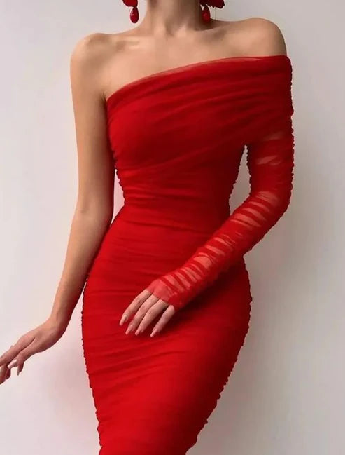 Sheath & Sexy Cocktail Dress Party Dress Wedding Guest Dress Bodycon Midi Dress Long Sleeve Ruched Spring Fall Winter One Shoulder Party Birthday Evening Party Wedding Guest Slim