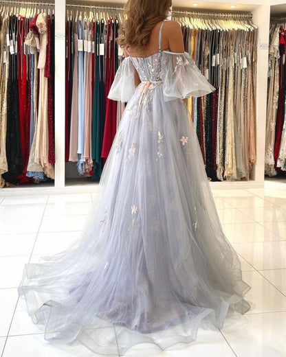 A Line Off the Shoulder Tulle Evening Sweep/Brush Train Dresses With Floral Appliques