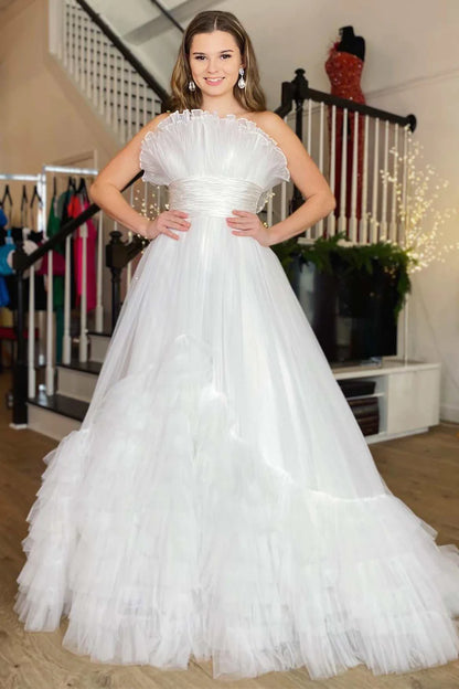 Organza Strapless Belted A-Line Tiered Prom Dress with Ruffles