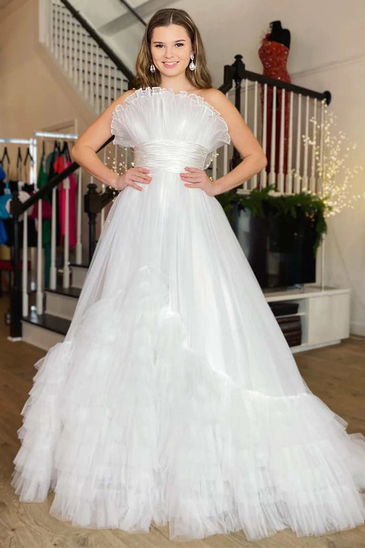 Organza Strapless Belted A-Line Tiered Prom Dress with Ruffles