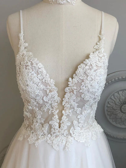 A Line V Neck Spaghetti Straps Backless White Lace Prom Dresses Wedding Dress Bridesmaid Dresses