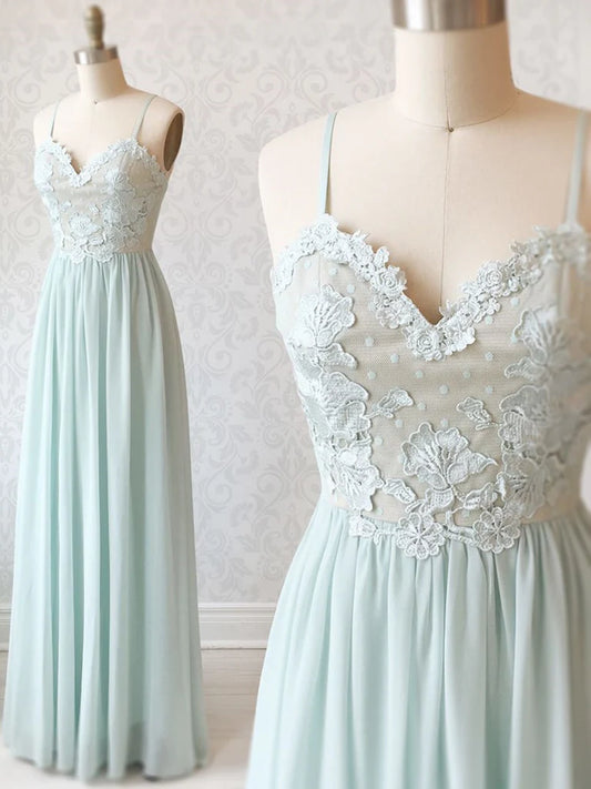 Spaghetti Straps Sweetheart Neck Chiffon Mint Green Prom Dresses Formal Evening Bridesmaid Dresses With Lace Appliques