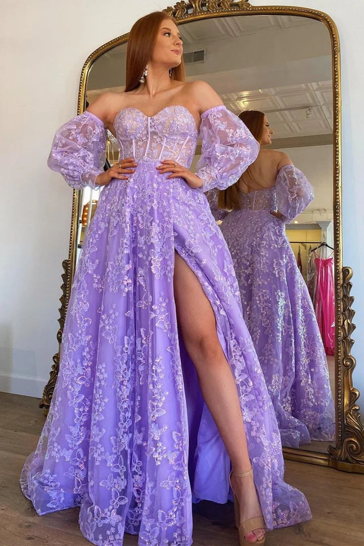 Sparkle Princess  Bustier Puff Sleeve Lace Long Prom Gown