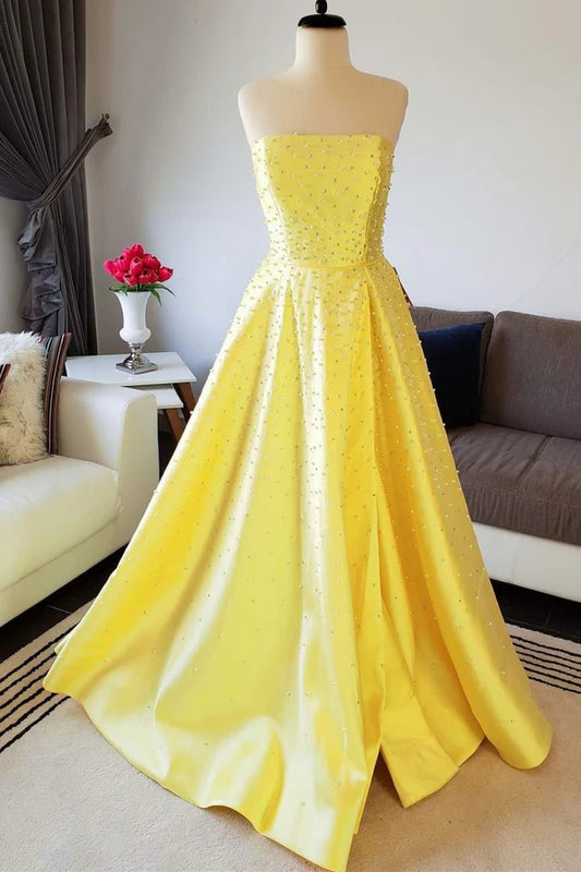 Satin Beaded Strapless A-line Prom Dress
