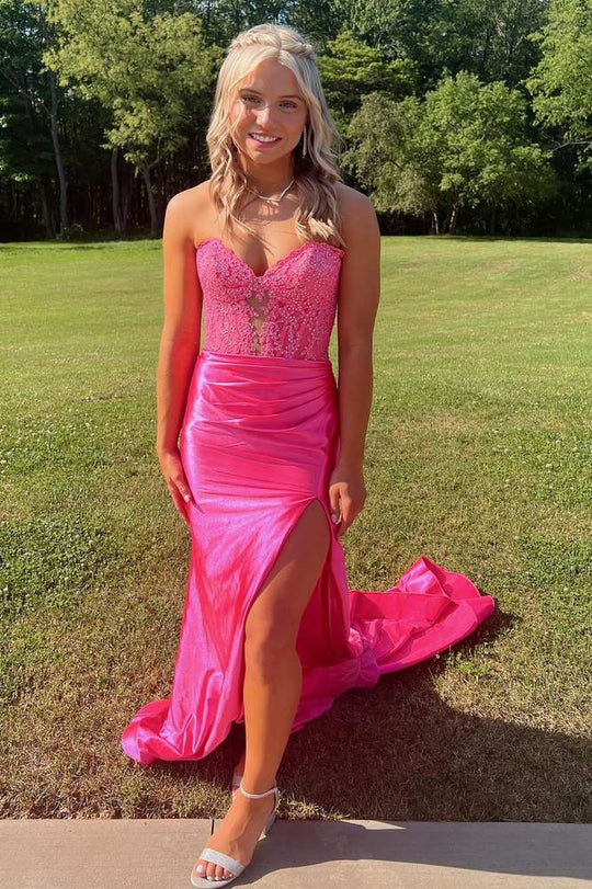 Strapless Lace Beaded Long Dress with Slit