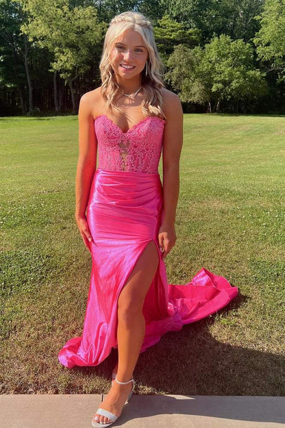 Strapless Lace Beaded Long Dress with Slit