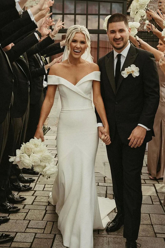 Elegant Mermaid Off the Shoulder V-Neck Satin Back Buckle Wedding Dresses