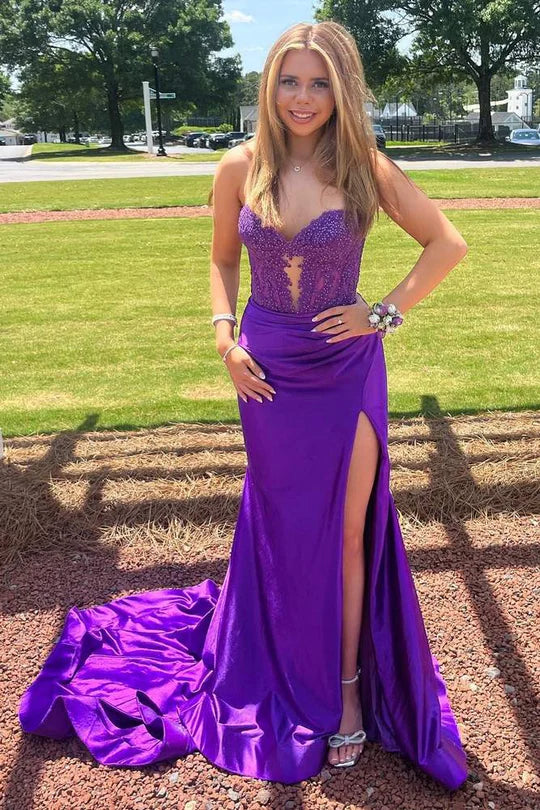 Strapless Lace Beaded Long Dress with Slit