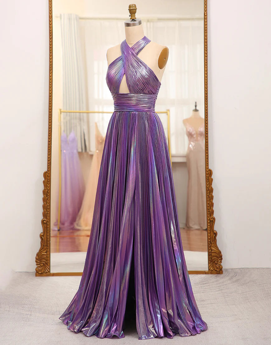 A Line Halter Long Prom Dress With Slit