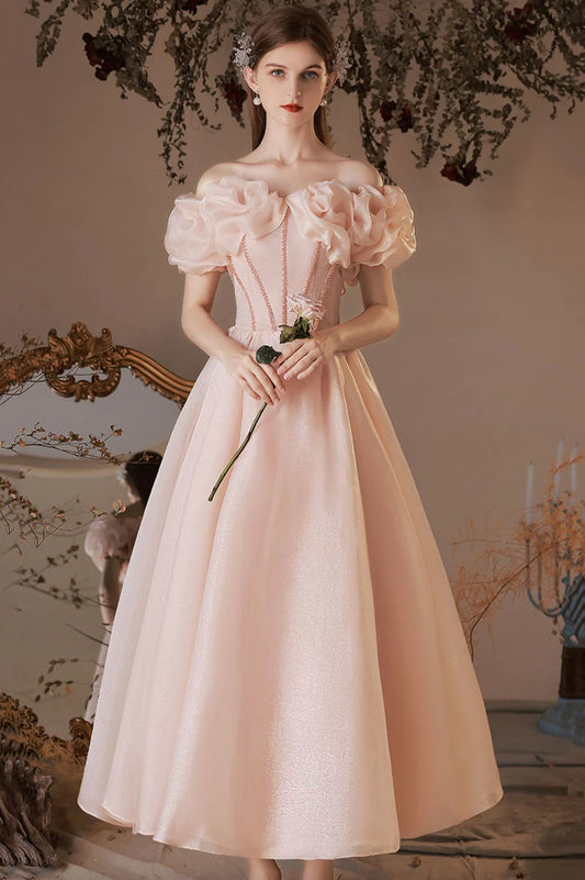 A-Line Pink Tulle Off the Shoulder Party Dress Homecoming Dress