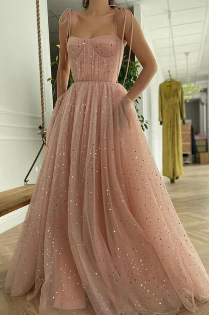 A-Line Spaghetti Strap Sparking Evening Party Dresses Long Prom Dresses