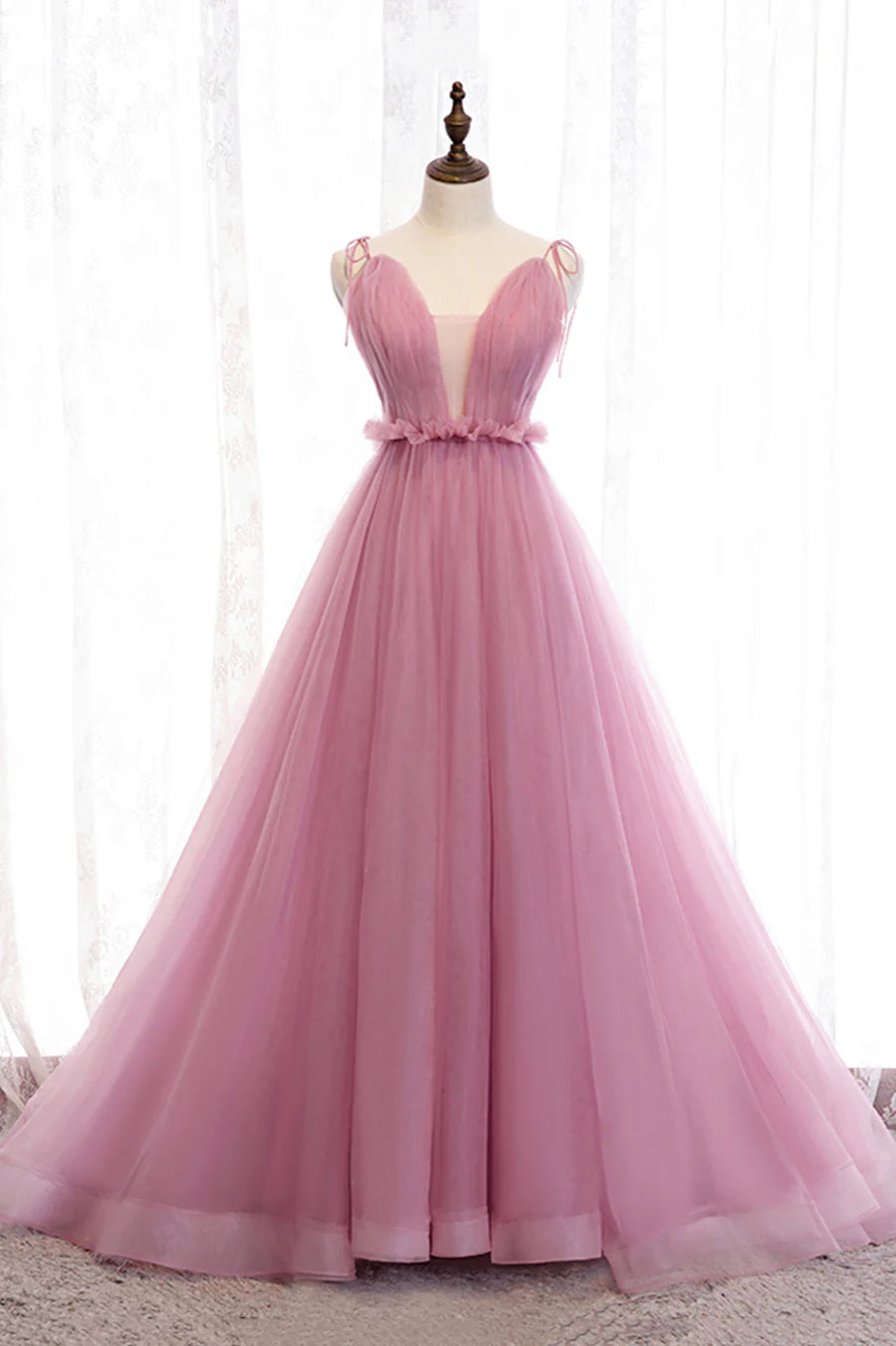 A-Line Spaghetti Straps V Neck Tulle Long Prom Dresses Bridesmaid Dress