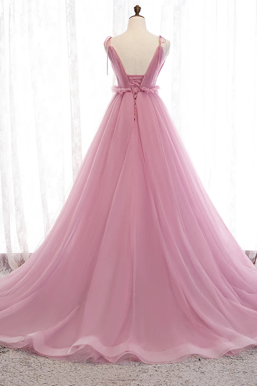 A-Line Spaghetti Straps V Neck Tulle Long Prom Dresses Bridesmaid Dress