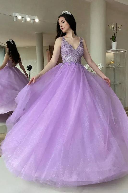 A-Line Purple V-Neck Lace Long Prom Dress Party Graduation Dress