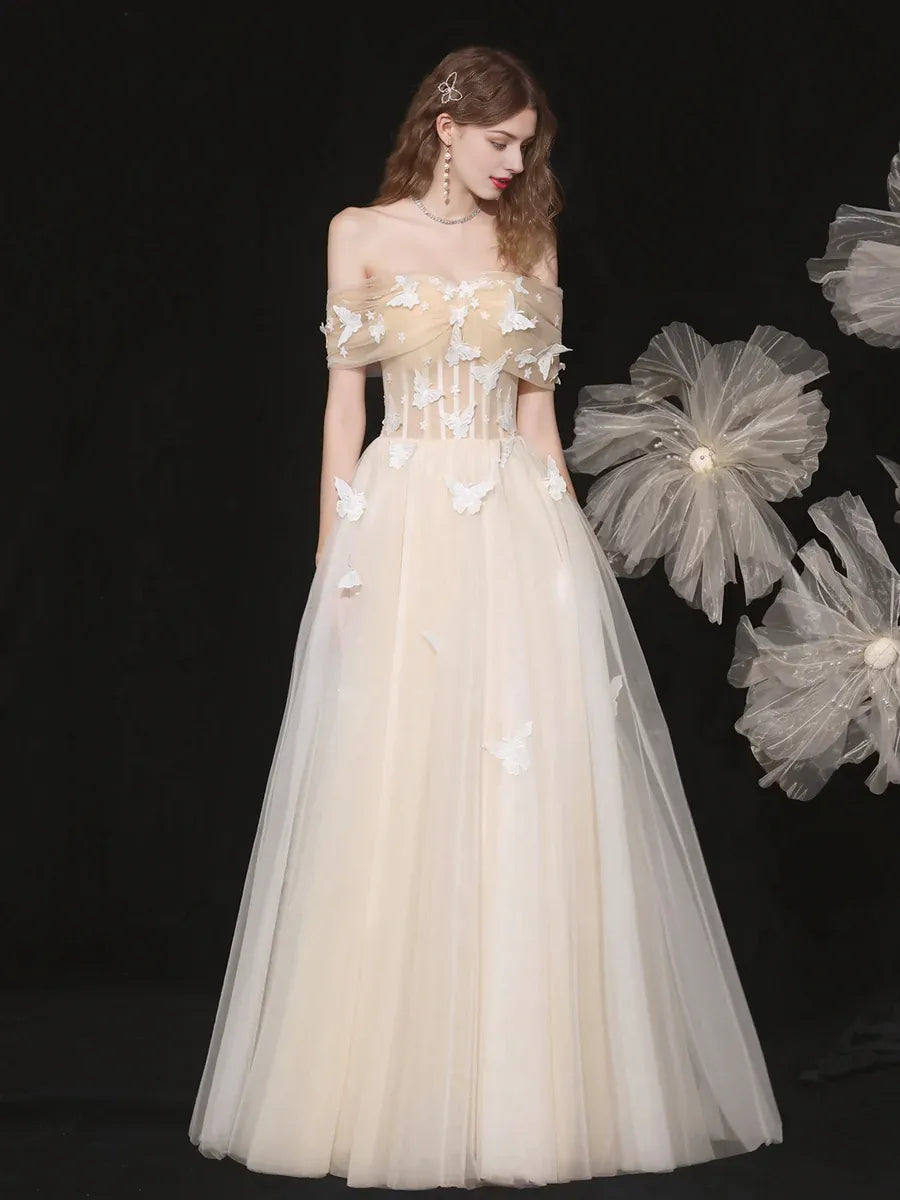 A-Line Champagne Lace Off the Shoulder Evening Party Dress Long Prom Dress With 3D Butterfly