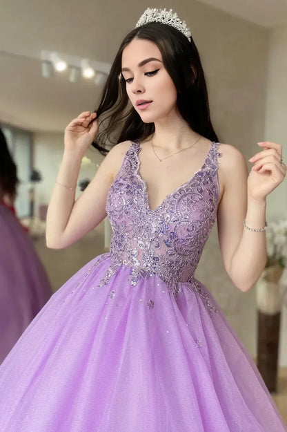 A-Line Purple V-Neck Lace Long Prom Dress Party Graduation Dress