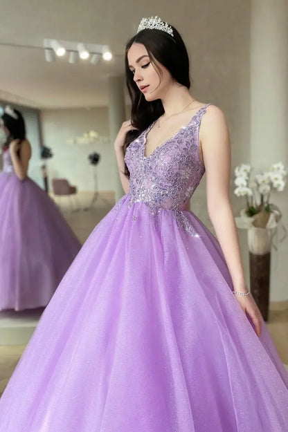 A-Line Purple V-Neck Lace Long Prom Dress Party Graduation Dress