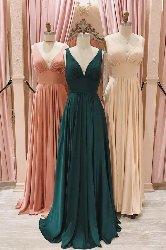 A-Line Evening Party Dresses Simple V-Neck Long Prom Dresses