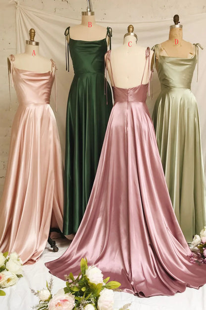 A-Line Simple Satin Spaghetti Straps Backless Long Prom Dresses Bridesmaid Dress With Slit