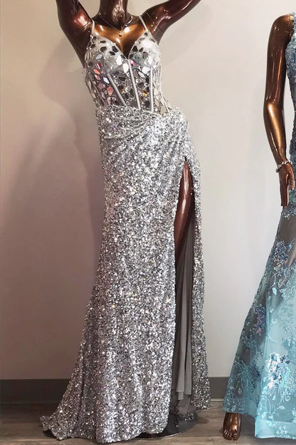 Sequin Cut Glass Mirror Long Prom Dress with Slit