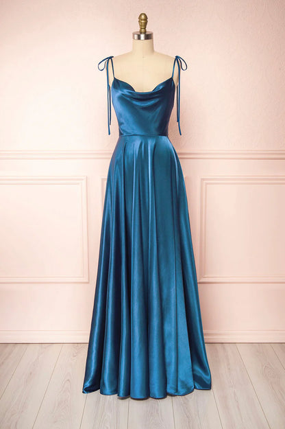 A-Line Spaghetti Straps Satin Long Prom Dresses Bridesmaid Dress