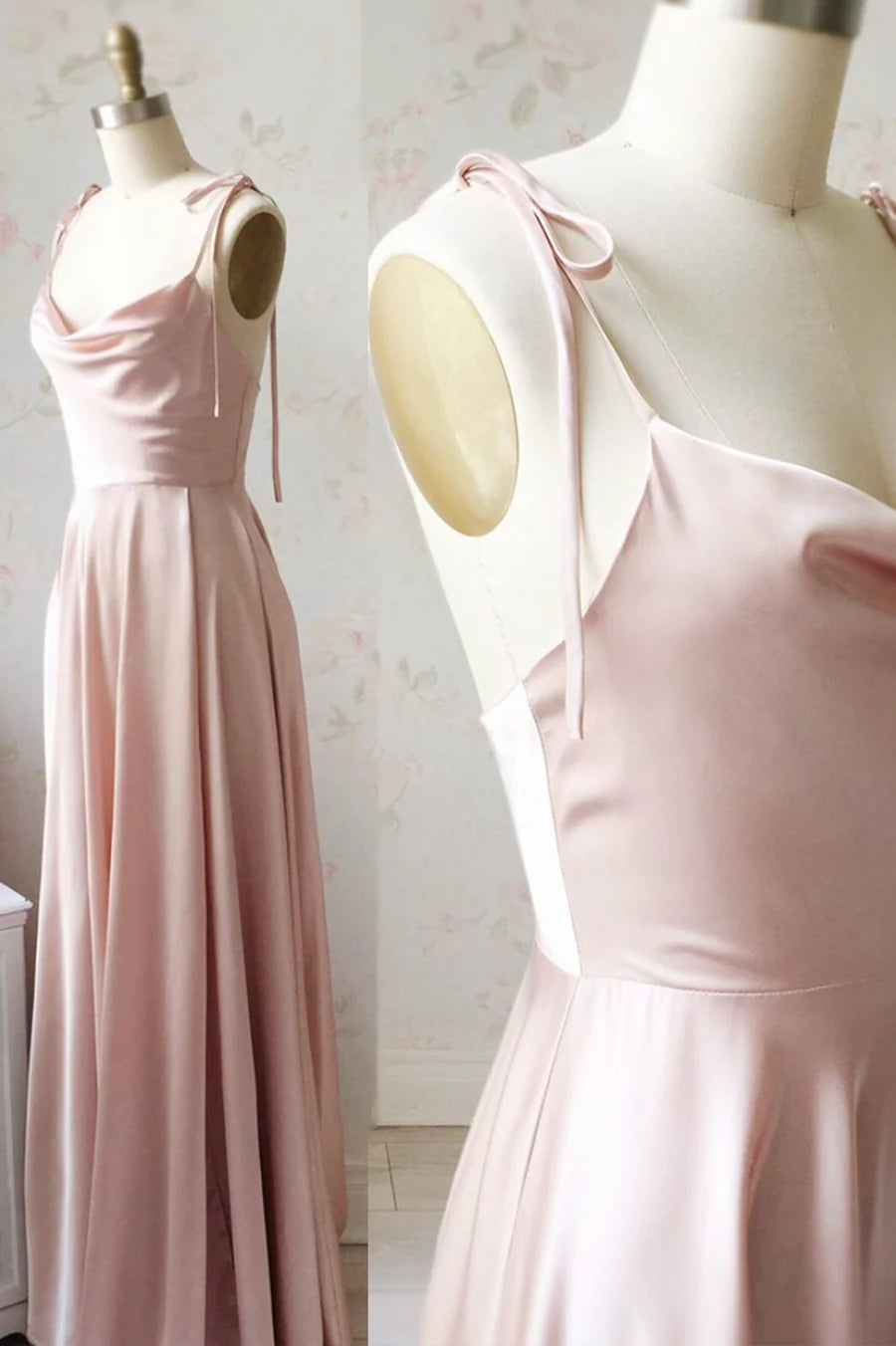 A-Line Simple Satin Spaghetti Straps Backless Long Prom Dresses Bridesmaid Dress With Slit