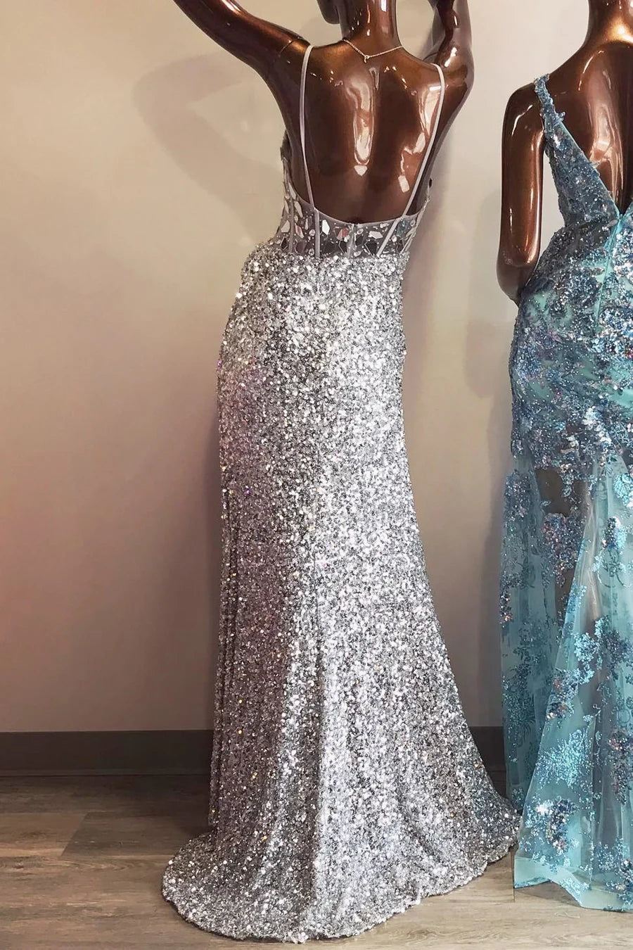 Sequin Cut Glass Mirror Long Prom Dress with Slit