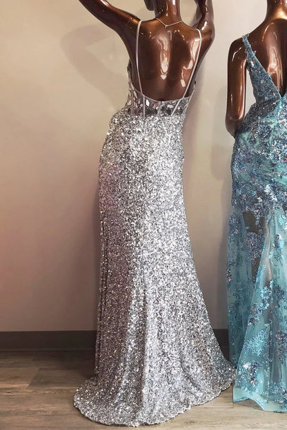 Sequin Cut Glass Mirror Long Prom Dress with Slit