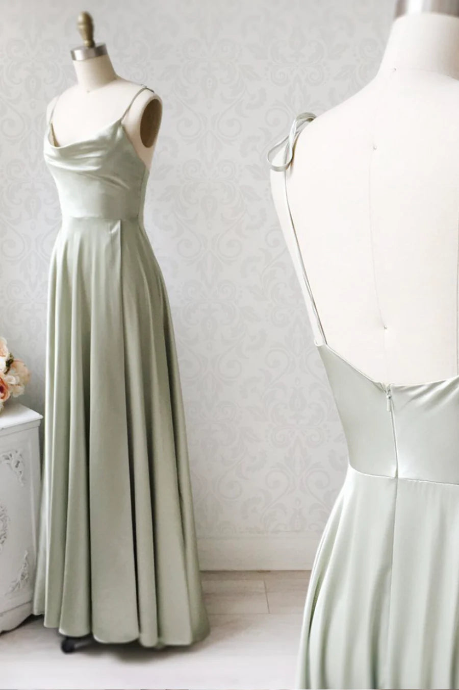 A-Line Simple Satin Spaghetti Straps Backless Long Prom Dresses Bridesmaid Dress With Slit