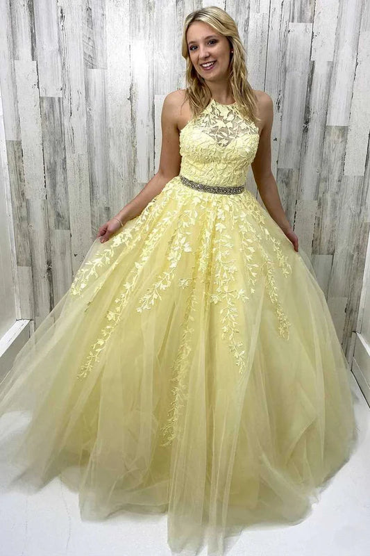 Lace Appliques Jewel Neck Long Formal Dress