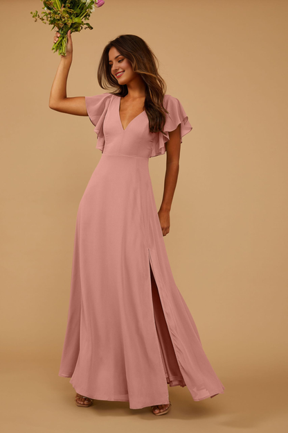 Formal Wear Dresses Short Sleeve Bridesmaid Dresses Side Fork Chiffon Long Elegant Simple Prom Dress