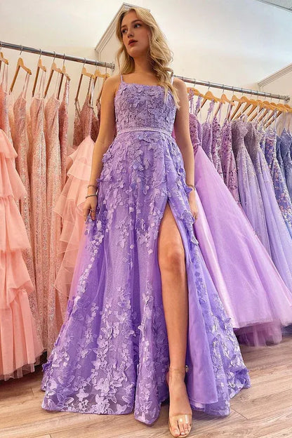 Charming A Line V-Neck Spaghetti Strap Sweetheart Light Purple Lace Long Prom Dresses