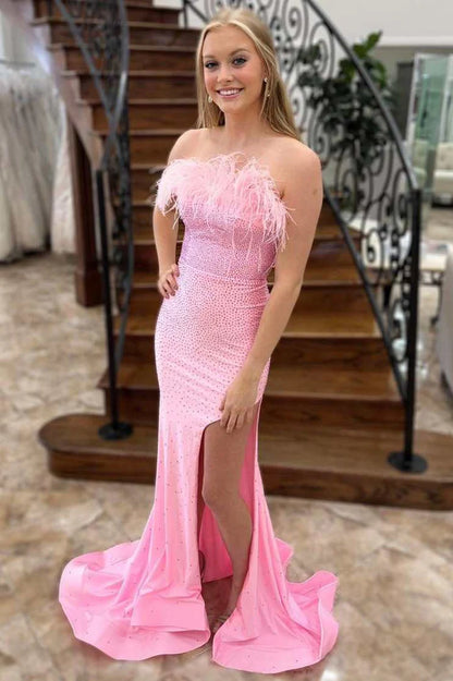 Beaded Feather Strapless Lace-Up Mermaid Long Prom Dress