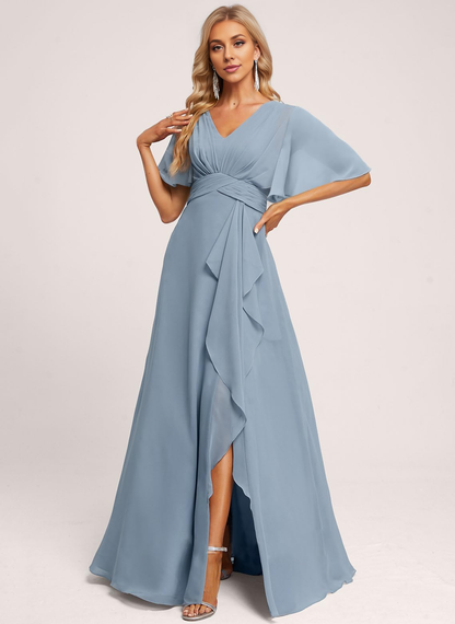 Elegant V Neck Flutter Sleeve Ruffle Side Fork Long Bridesmaid Dresses Wedding Guests Dresses