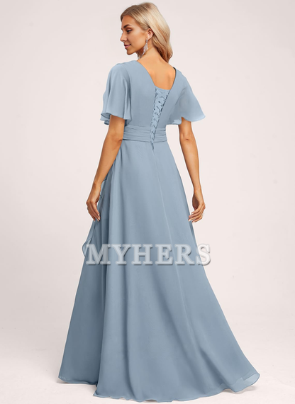 Elegant V Neck Flutter Sleeve Ruffle Side Fork Long Bridesmaid Dresses Wedding Guests Dresses