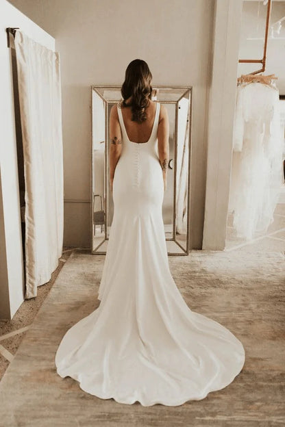 Simple Sheath Square Neck Long Backless Wedding Dress