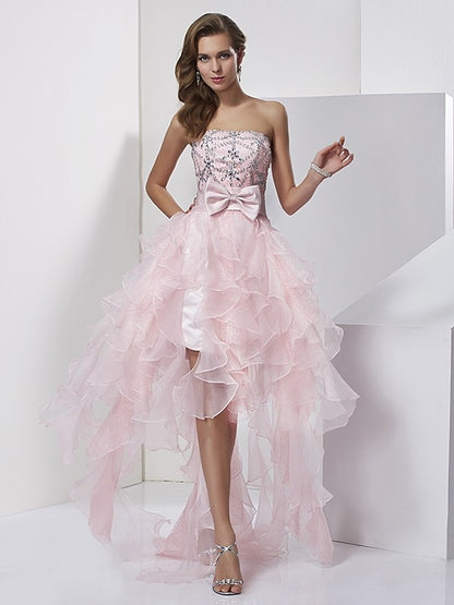 A-Line/Princess Strapless Sleeveless Beading High Low Organza Homecoming Dresses