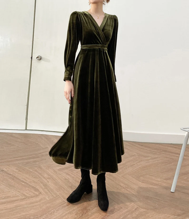 Evening dress Long Sleeves Velvet Dress Autumn Winter V Neck Long Wrap Bridesmaid Dress