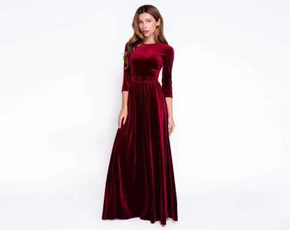 Long sleeves velvet evening dress round neck long dress elegant autumn winter bridesmaid dress