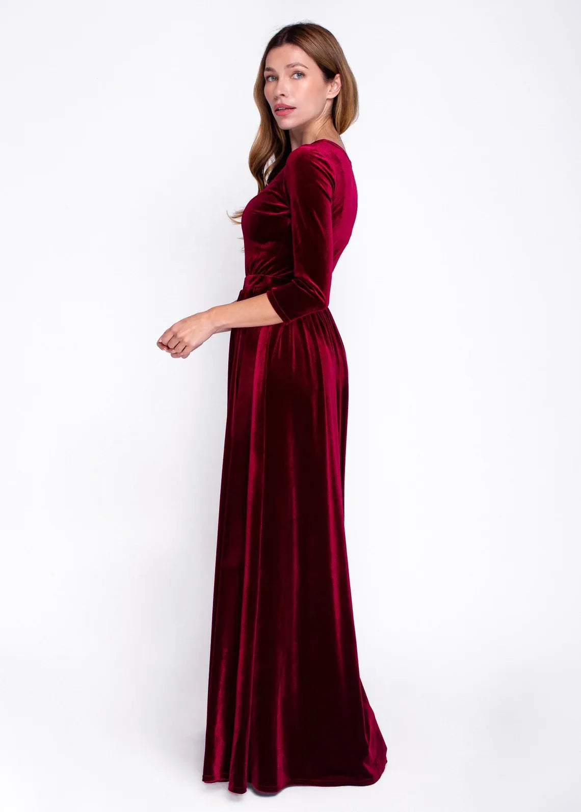 Long sleeves velvet evening dress round neck long dress elegant autumn winter bridesmaid dress